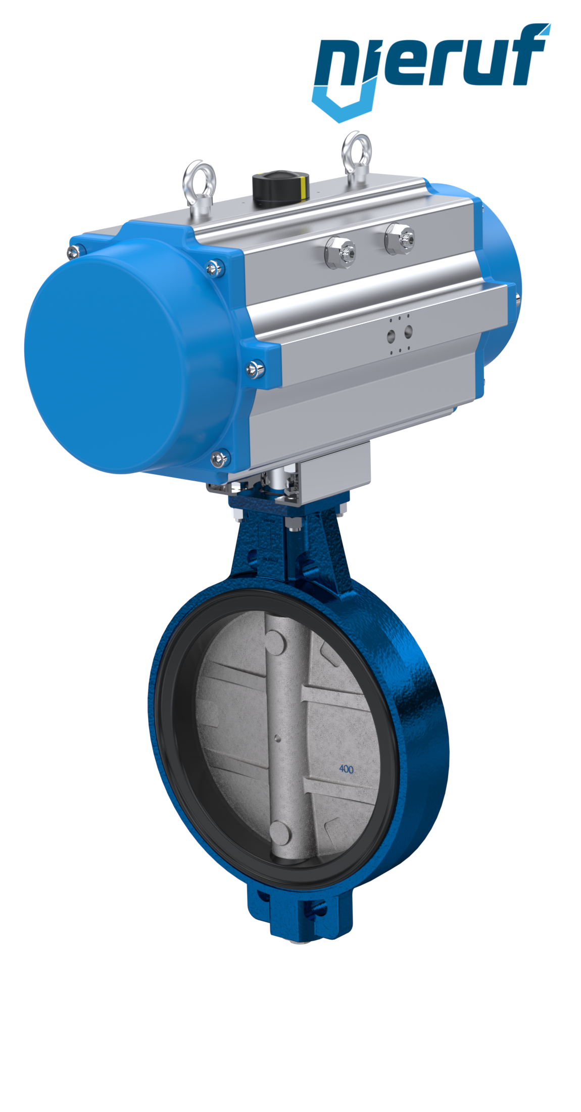 Przepustnica DN 400 AK01 NBR-70-czarny DVGW Gaz Pneumatyczny napęd obrotowy jednostronnego działania zamykany sprężyną